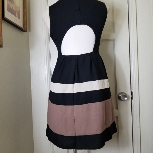 YA LOS ANGELES black tan stripe sleeveless open back fit and flare dress L - Picture 6 of 9